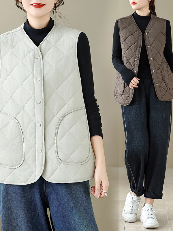 Autumn Winter New Style Casual  Color Thin Cotton Hidden Button Side Pocket Vest Versatile Stitching Light Weight Vest