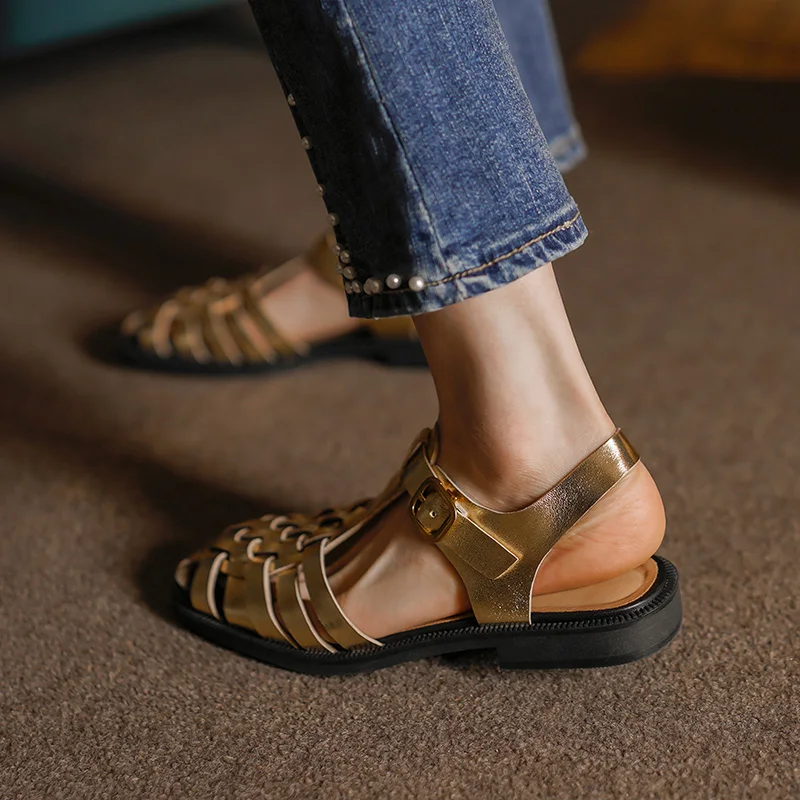 Vintage Gladiator Buckle Strap Roman Style  Siver Gold Sandals Split Leather Spring Shoes Closed Toe Shoes Woman Summer Sandal