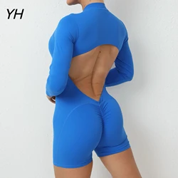 Nahtlose Yoga Reiß verschluss Overalls Sport Fitness Schönheit zurück Hüft heben lang ärmel ige einteilige Workout Gym Trainings anzüge für Frauen