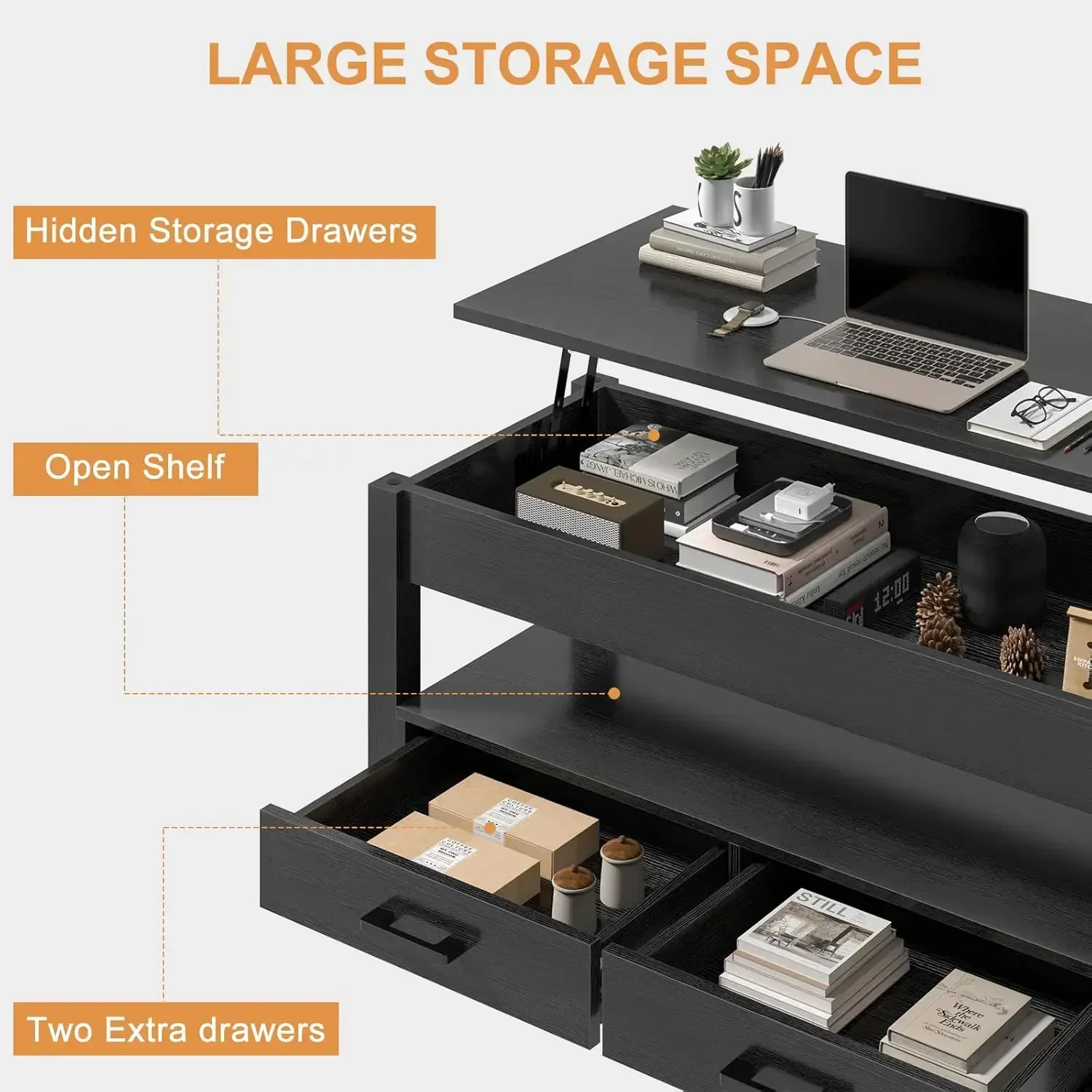 Mesa de centro elevable de 41,7 pulgadas con 2 cajones de almacenamiento, compartimento oculto, estante de almacenamiento abierto para sala de estar, mesa auxiliar plegable de madera