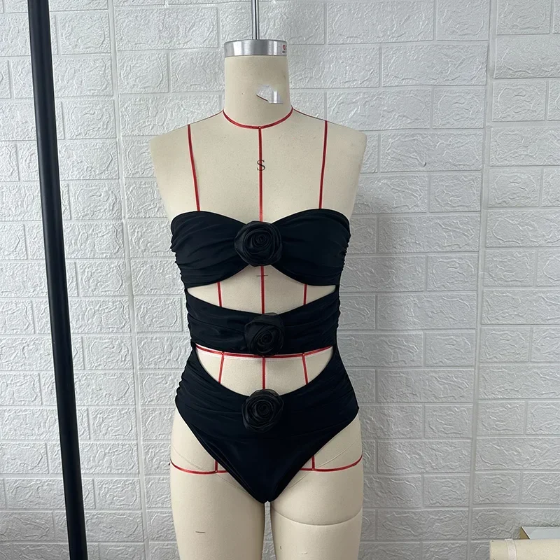 2024 new Women's Three-dimensional Flower Hollow One-Piece Swimsuit Sexy Tube Top Casual Beach Bikini
