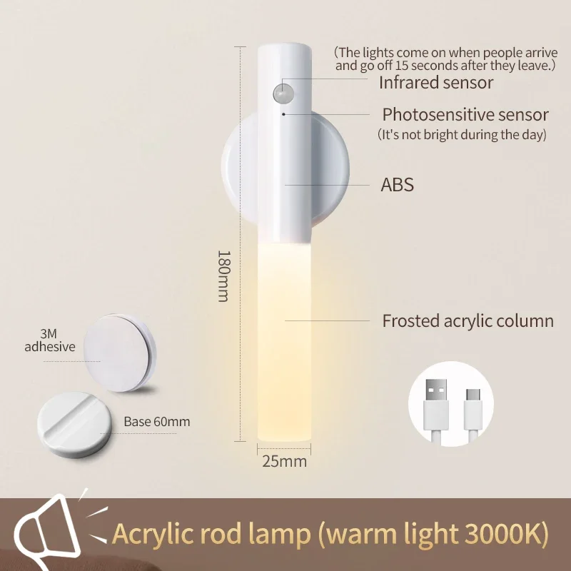 Smart Body Sensor Wall Light LED Rechargeable 5V Cylindrical Plastic Lantern Outdoor Portable Motion Sensor Night Light