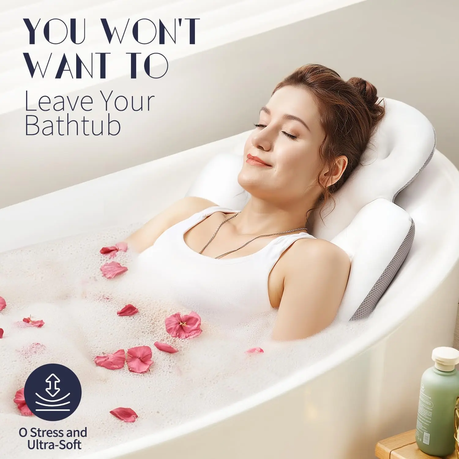 Almofada grossa para banheira de corpo inteiro com ventosas, branca 51 x 16 polegadas para suporte de cabeça, pescoço e costas
