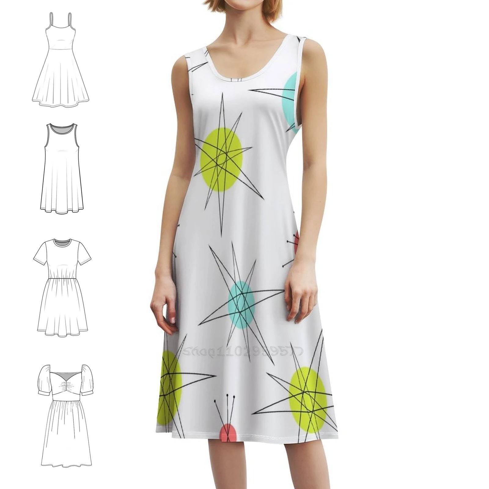 

Atomic Era Art Korean Style Dress For Women Elegant Casual Dress For Party Or Daily Wear Mid Century Modern Atomic Era Pattern