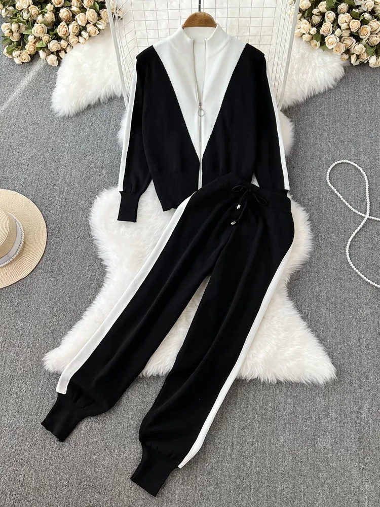 Autumn New Knitted Tracksuit Trousers Suits Women Casual Zipper Knit Sweater Zipper Cardigan Pants Sets Two-piece Set 2022