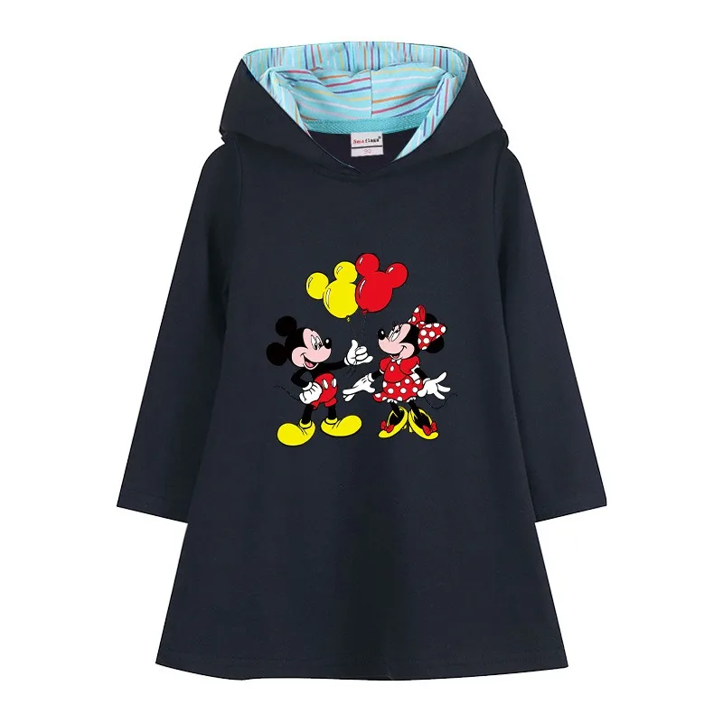 New Cotton Disney Baby Girls Dress Minnie Mouse Autumn Spring Girl Clothing for Children Long Sleeve Kids Clothes Hooded Mickey