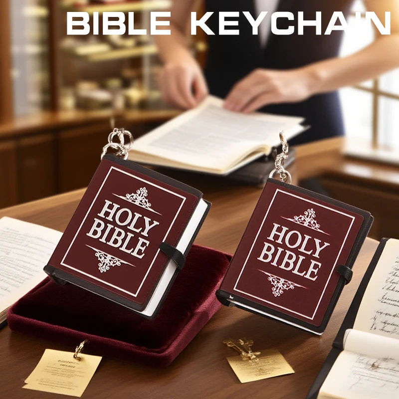 سلسلة مفاتيح صغيرة للكتاب المقدس كتاب قلادة مفتاح سلسلة مفتاح السيارة حقيبة مدرسية اكسسوارات الديكور الإنجليزية الصليب الدينية كيرينغ