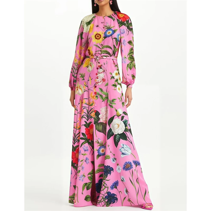 Elegant Autumn Long Sleeve Floral Maxi Dresses Women Single Breasted Belt Muslims Print Dress Female Prom Evening Vestidos