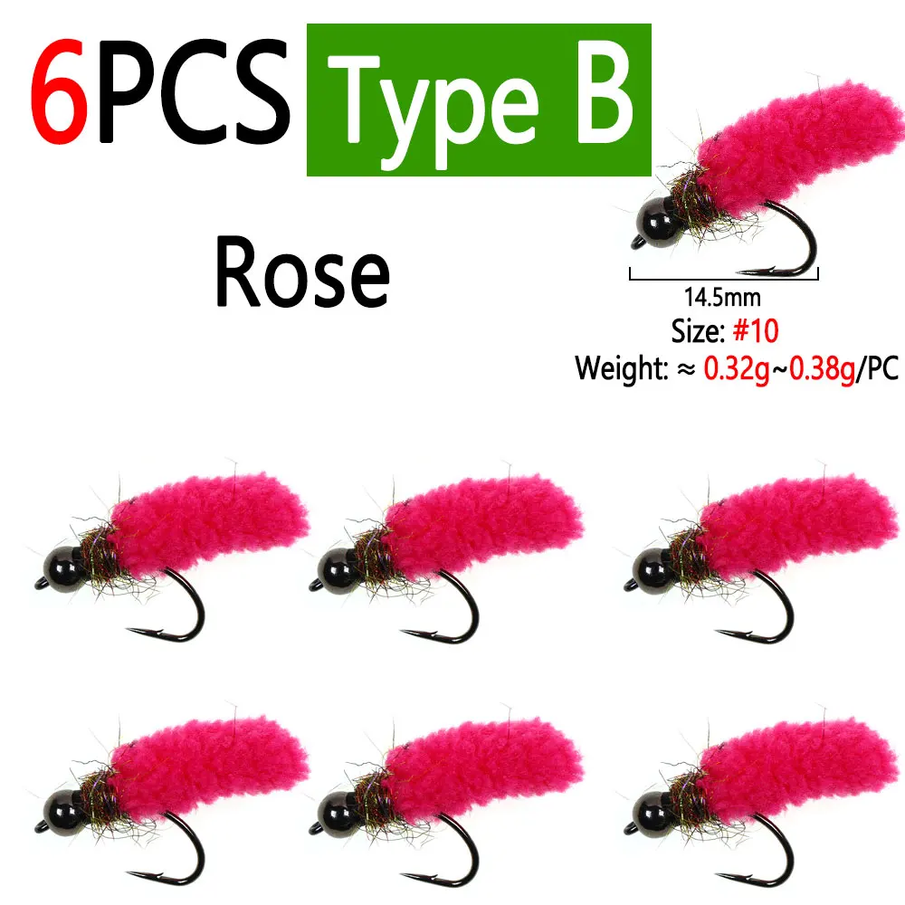 Bimoo 6 Stück Messing-/Wolfram-Kugelkopf-Mop-Fliegen, künstliche Kranichfliegen, Caddis-Larven, Nass-Jig-Nymphenfliegen für Forellen- und Fischgrälfischerei