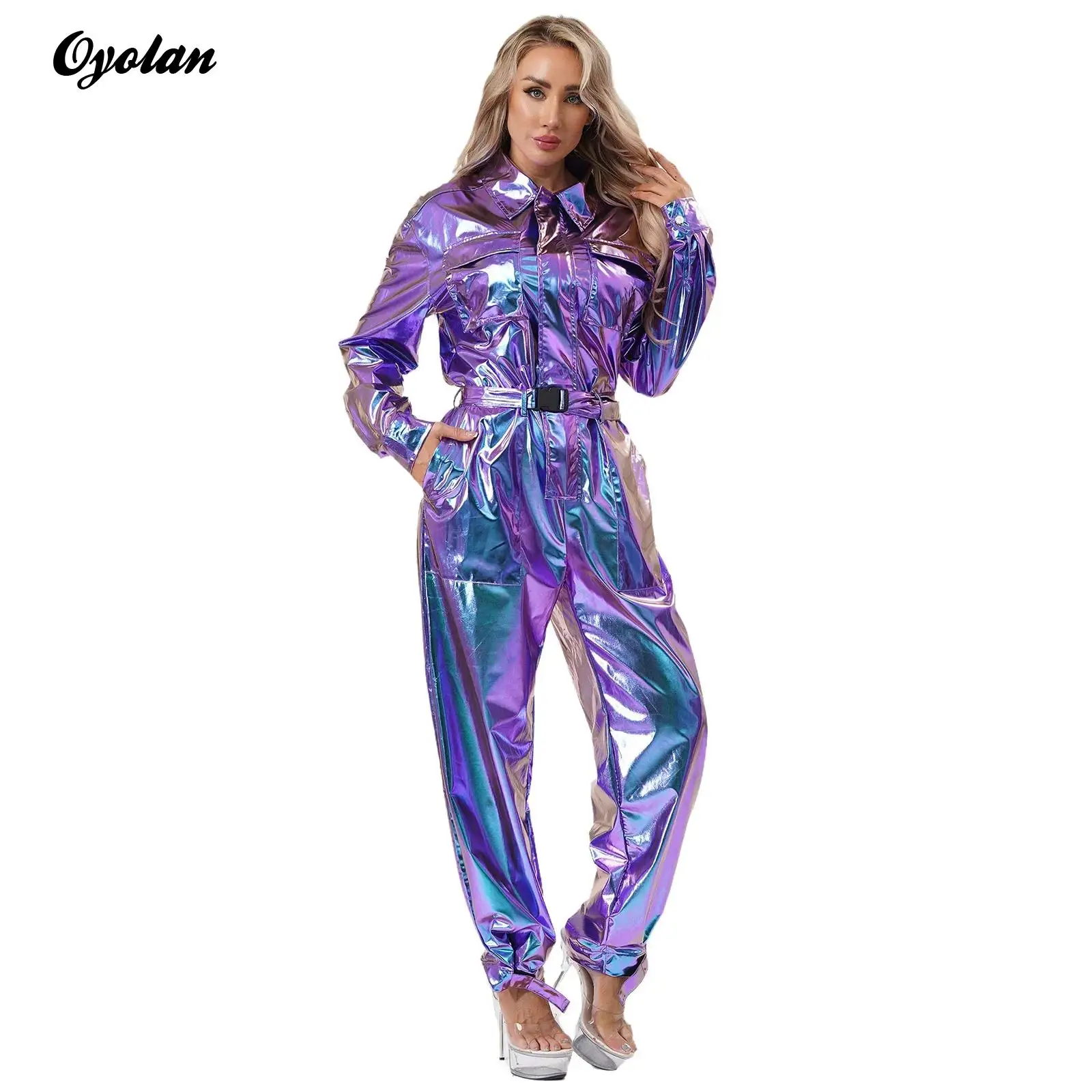 

Womens Halloween Disco Astronaut Cosplay Costume Holographic Shiny Metallic Overalls Bodysuit High Waist Jumpsuit with Waistband