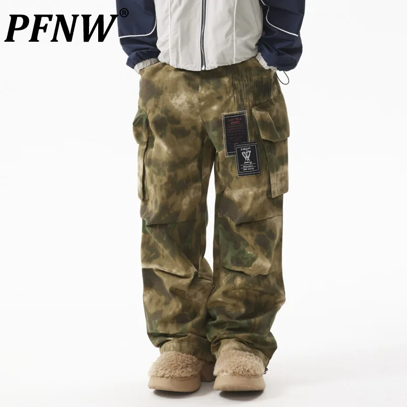 

PFNW American Dyeing Multi Pocket Camouflage Cargo Pants Male High Street Loose Casual Wide Leg Trousers Trendy Autumn 28W4487