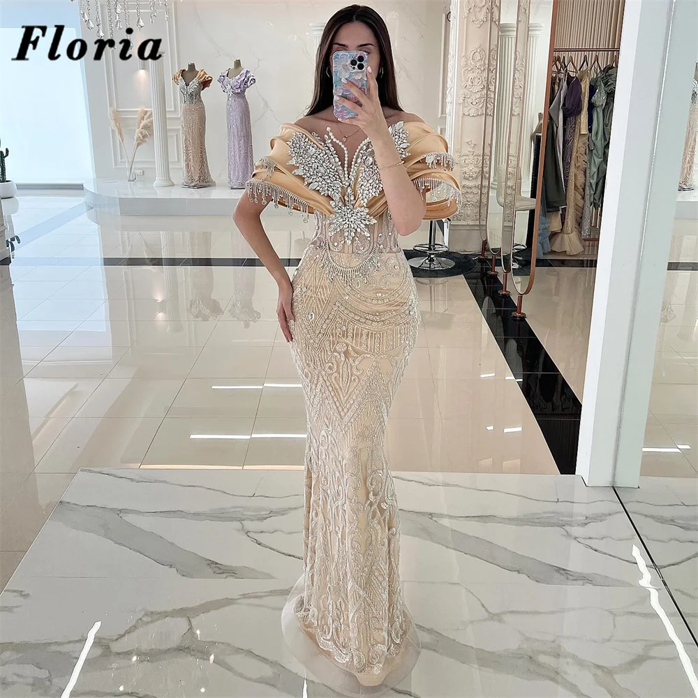 Champagner Perlen Abendkleider Dubai Kristalle Meerjungfrau Geburtstag Party Zweite Empfang Kleider Hochzeitsgast Kleider Maßgeschneidert