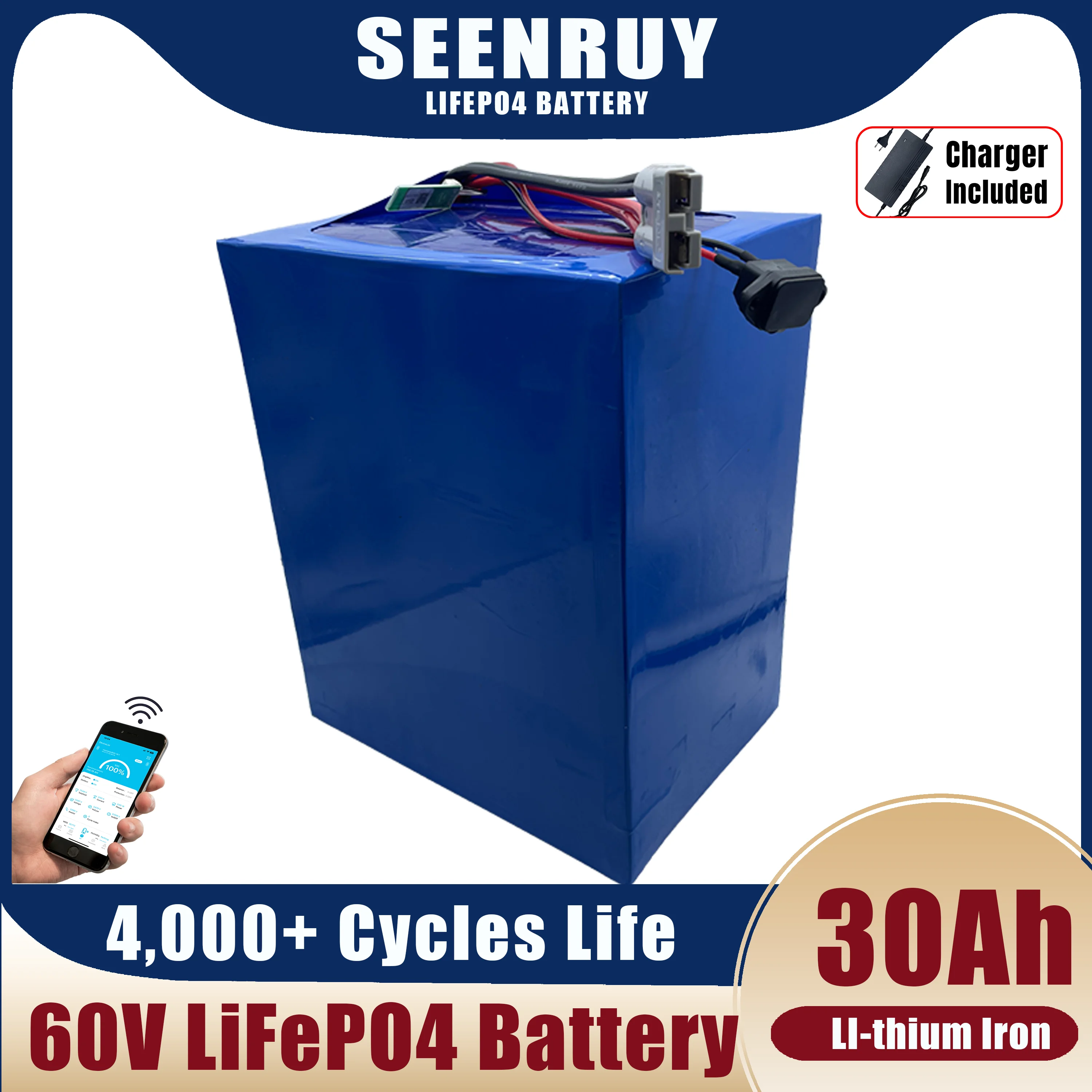 60V 30Ah Lifepo4 Battery Pack with BMS 1800Wh for E-bike Electric Scooter  Rickshaw Mountain Bicycle Motorcycle Snowbike