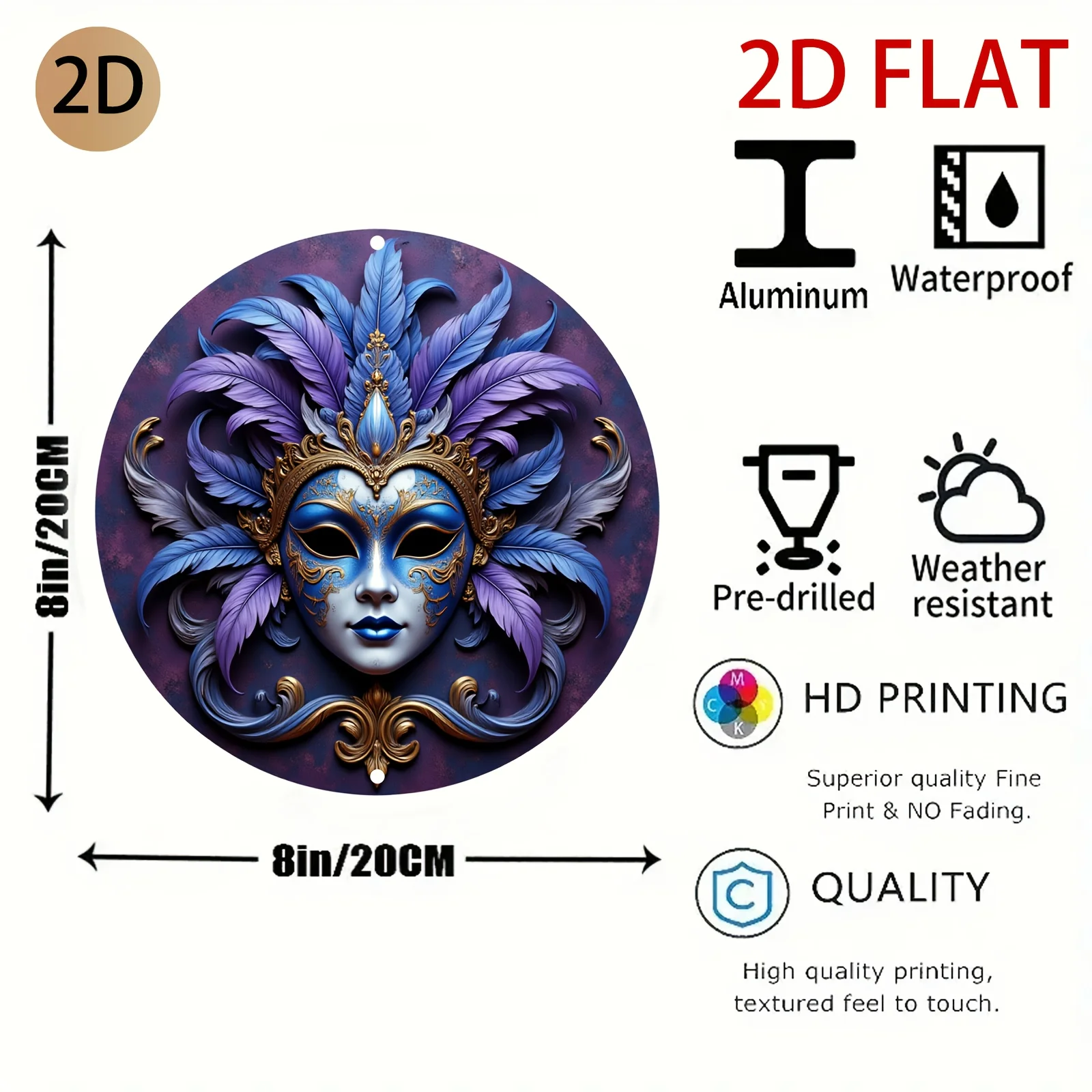 HD Tin Sign, 3D Effect Venetian Masquerade Mask Round Metal Wall Art, Mardi Gras Decor