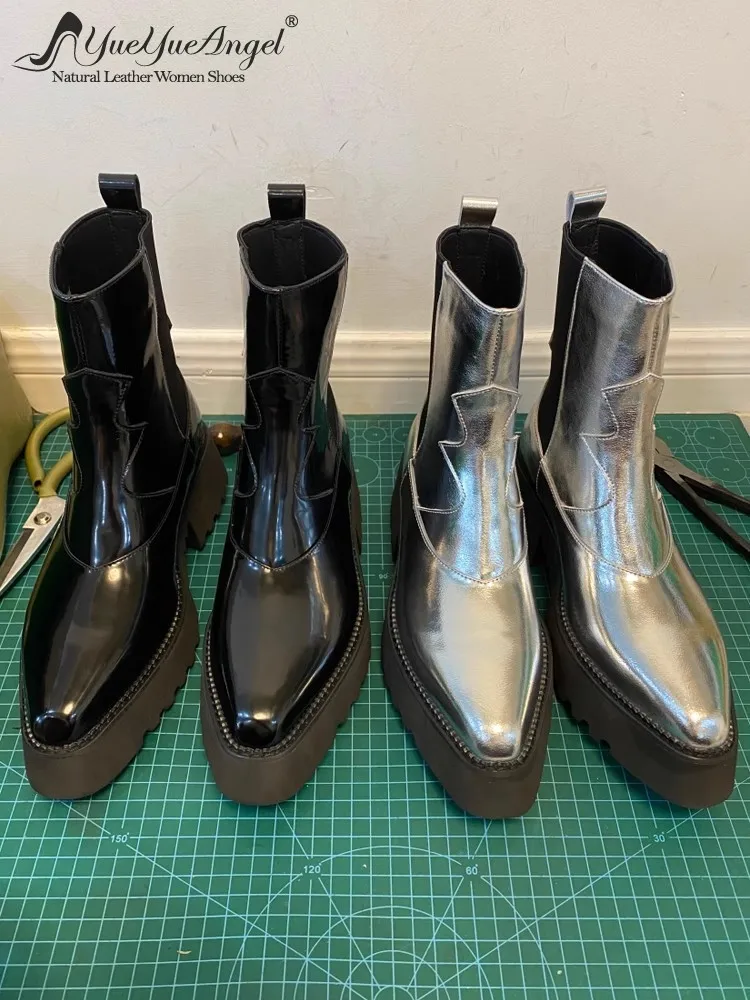 Frauen Herbst Winter Fleece Liner Spitz Dicke Plattform Slip Auf Chelsea Stiefel Fashion Echtes Leder Silber Moderne Schuhe