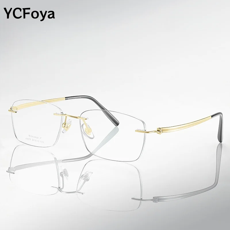 

YCFoya Ultra-Light Luxury Titanium Glasses New Business Vintage Fashion Optical Prescription Frame for Men Rimless Frame 6100