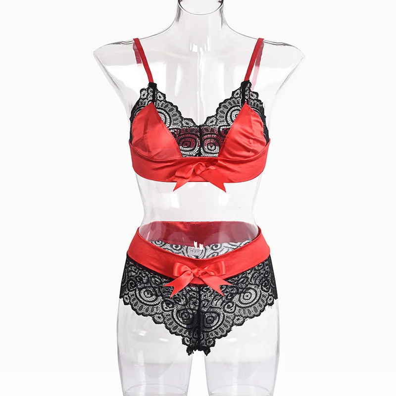 Toucheart-Ensemble de lingerie sexy pour femme, soutien-gorge à bretelles à trois points, patchwork de dentelle, nœud en maille, ensemble de sous-vêtements transparents, nouveau, 2 pièces