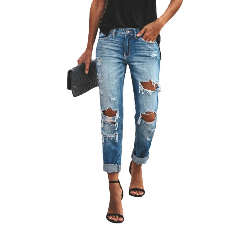Summer 2026 Women's Casual Washed Ripped Straight Leg Jeans Street Style New Arrival