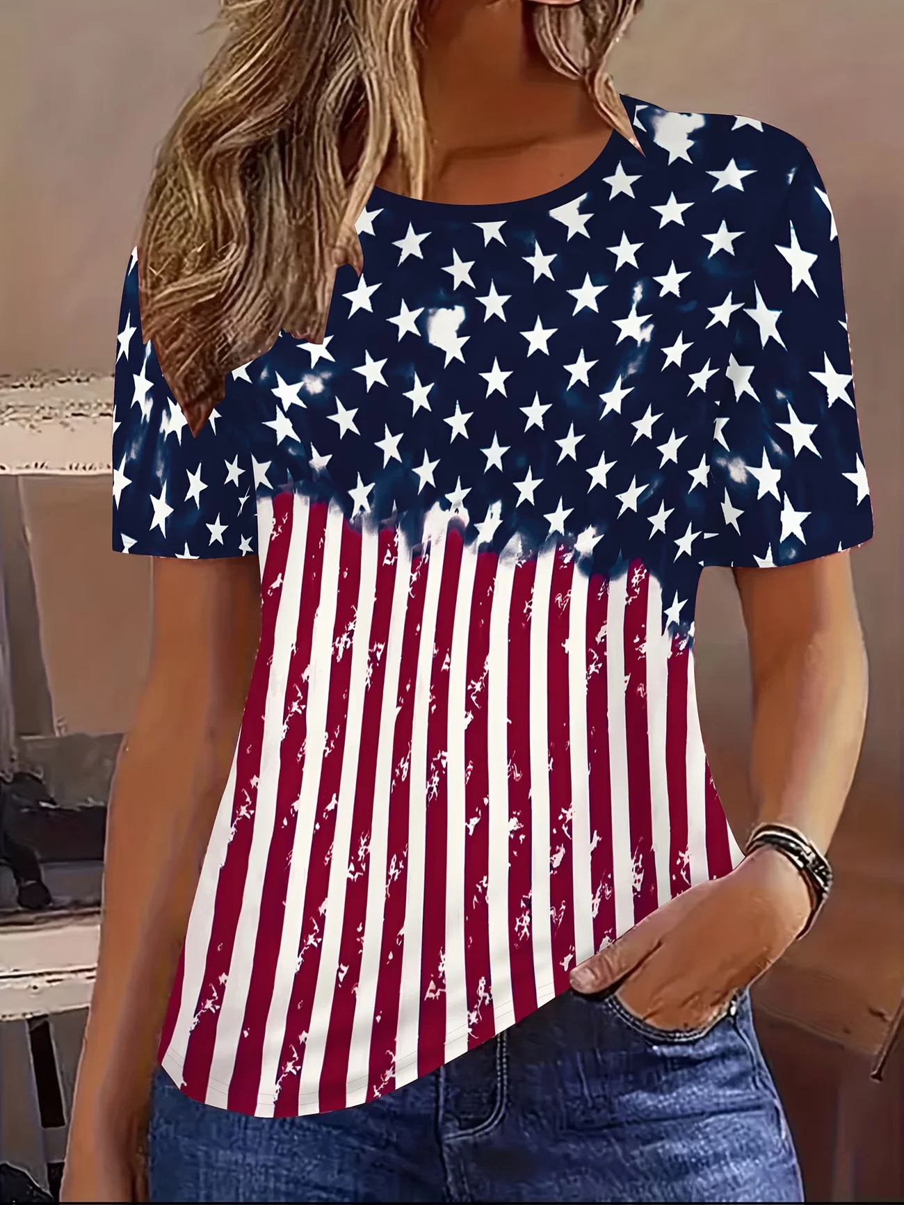 Elevate your casual look with this eye-catching women’s flag print t-shirt. Crafted from high-quality, skin-friendly material, i