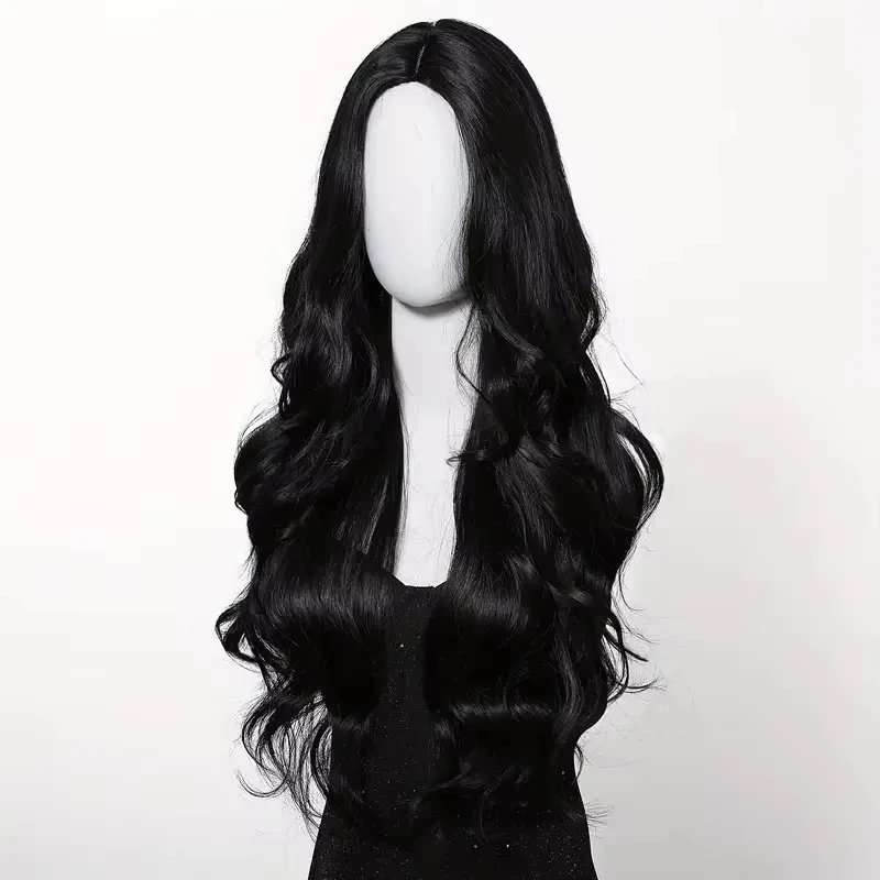 Schwarze synthetische Perücke mit geteilter, langer, gewellter Frisur für Party, Halloween-Cosplay, Alltagsgebrauch, hitzebeständiges Haaraccessoire – Detail 3