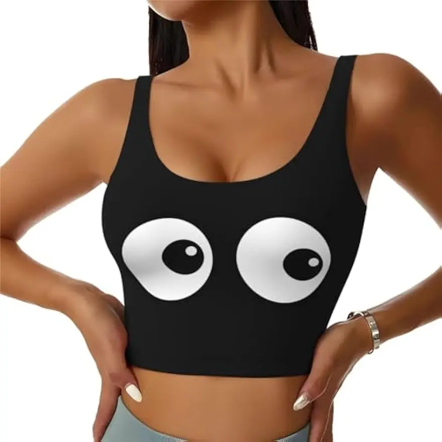 Eyes Women Scoop Neck Sports Bras Removable Pads Yoga Running Outfit Crop Gym Top U Back Exercise Tank Tops