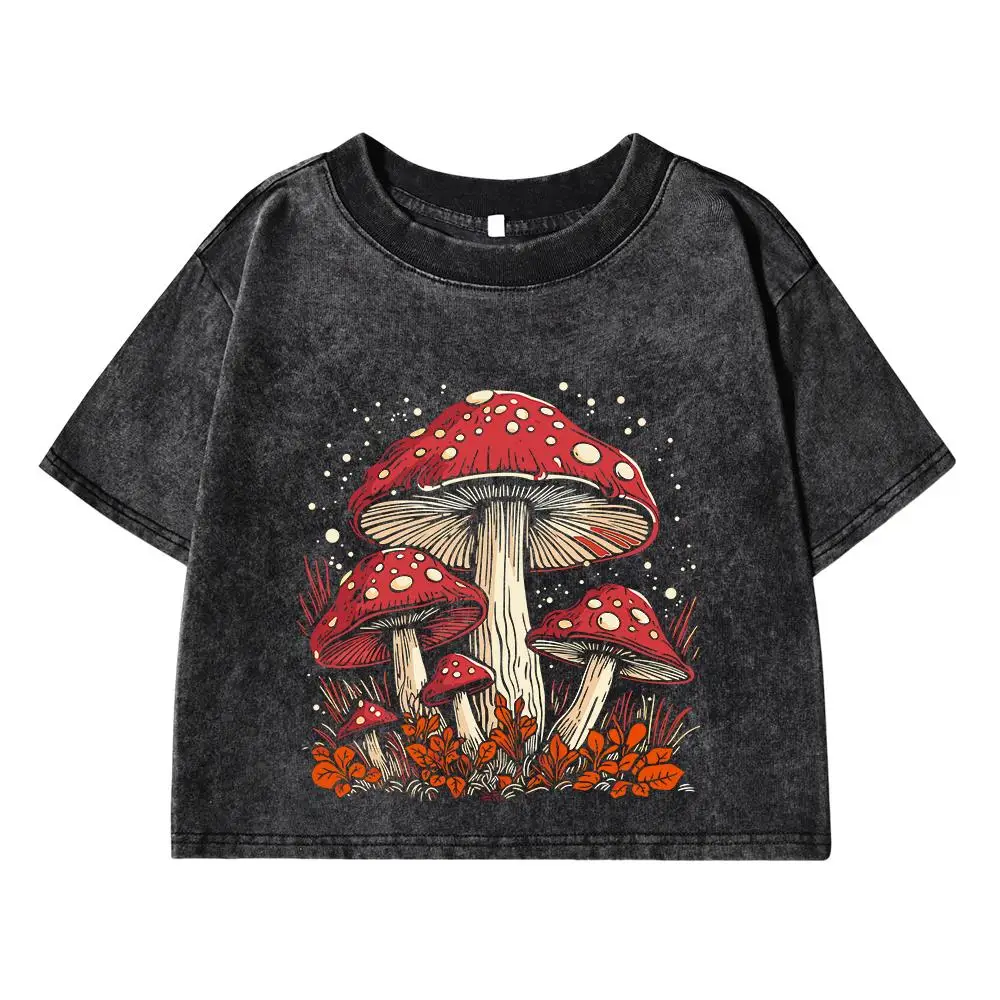 Women\'s Cotton Crop Tops Trend O-Neck Distressed Washed T-Shirts Red Mushroom Personality Graphic Printed Tees Street Clothes