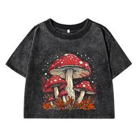 Women's Cotton Crop Tops Trend O-Neck Distressed Washed T-Shirts Red Mushroom Personality Graphic Printed Tees Street Clothes
