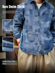 Maden Boro Style Vintage Blue Cloth Shirts for Men Plaid Patchwork Long Sleeve Shirts Regular Fit jacket Top Daily Casual Wear