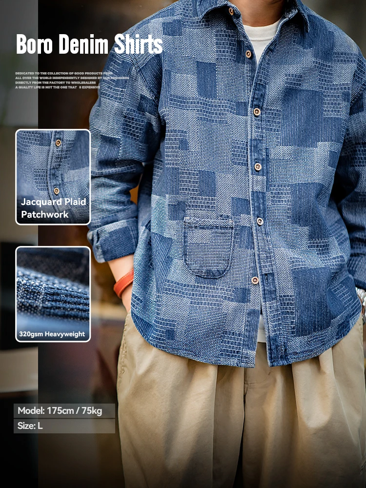 Maden Boro Style Vintage Blue Cloth Shirts for Men Plaid Patchwork Long Sleeve Shirts Regular Fit jacket Top Daily Casual Wear
