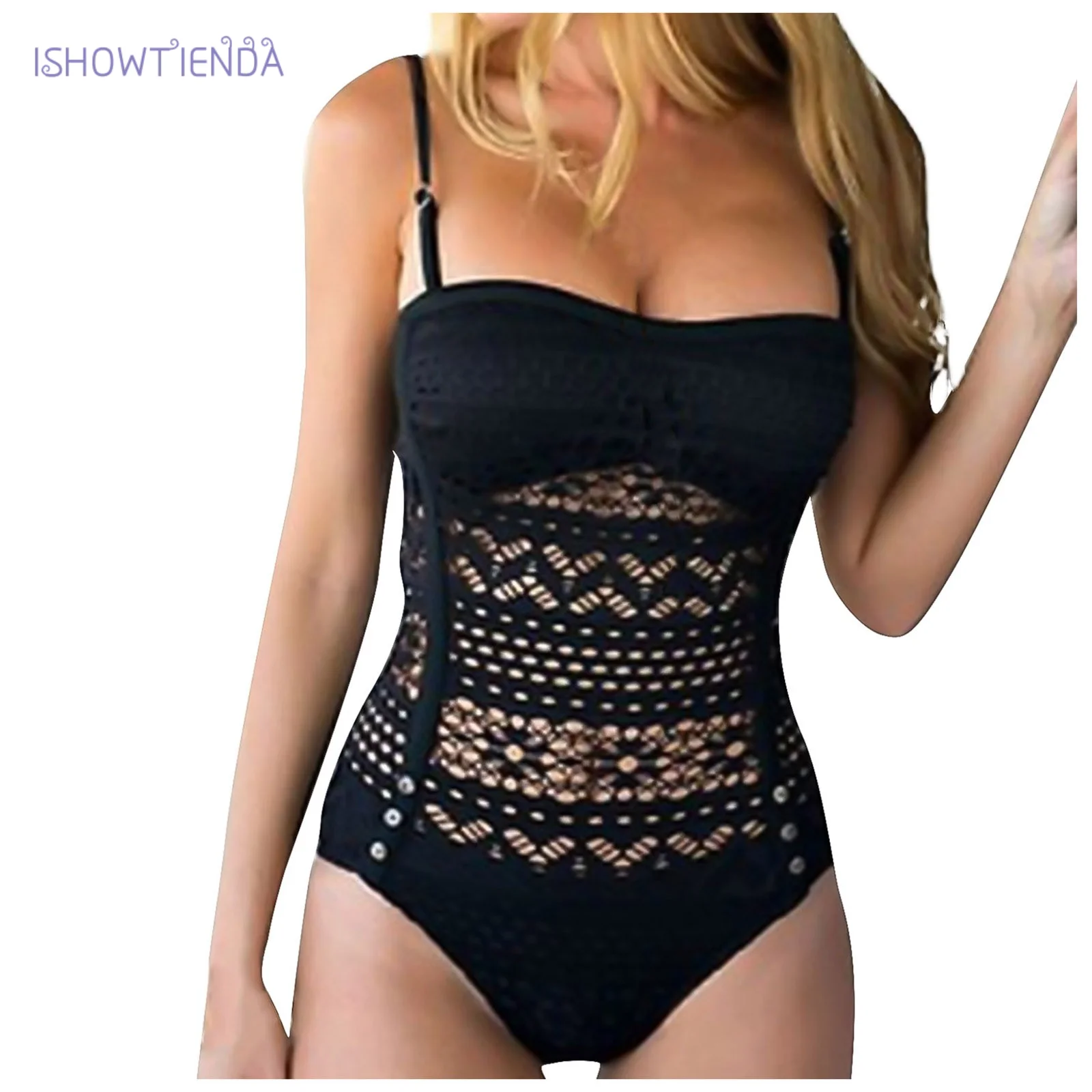 Hot Sexy Lace Floral One Piece Swimsuit Women Solid Swimwear High Cut Push Up Swimsuit Mesh Pad Bathing Suit black Suspenders