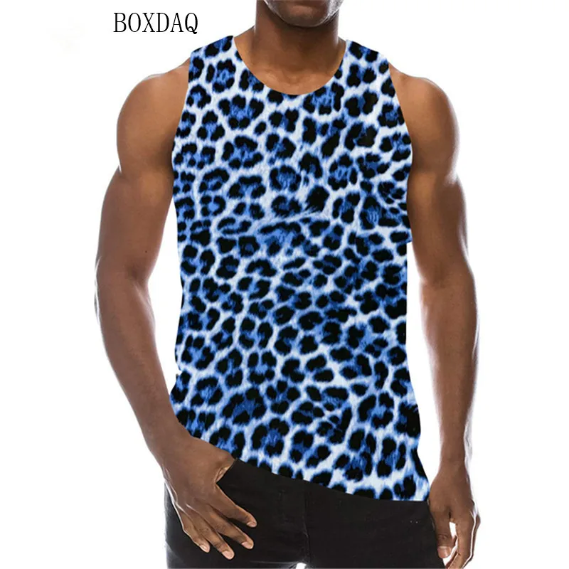 Fashion Leopard Men\'s Tanks Summer Sleeveless Animal Pattern 3D Print Male Vest Loose Casual Round-Neck Sporty Gym Tops Hip Hop