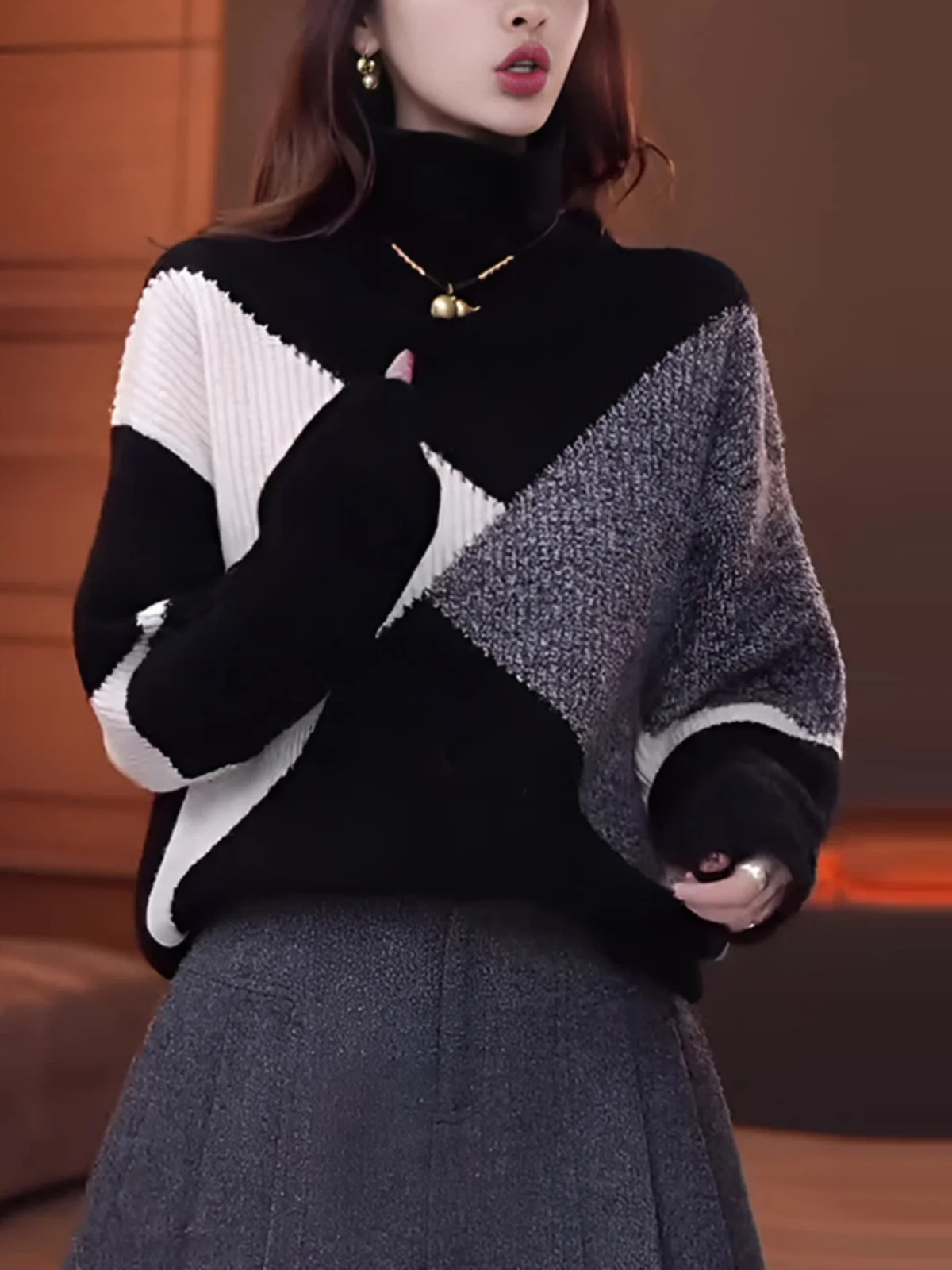 

Ele Knitted Top High Collar Faionable Texture Korean Sle Commute Wear Autumn Winter New Arrival for plus Size Women