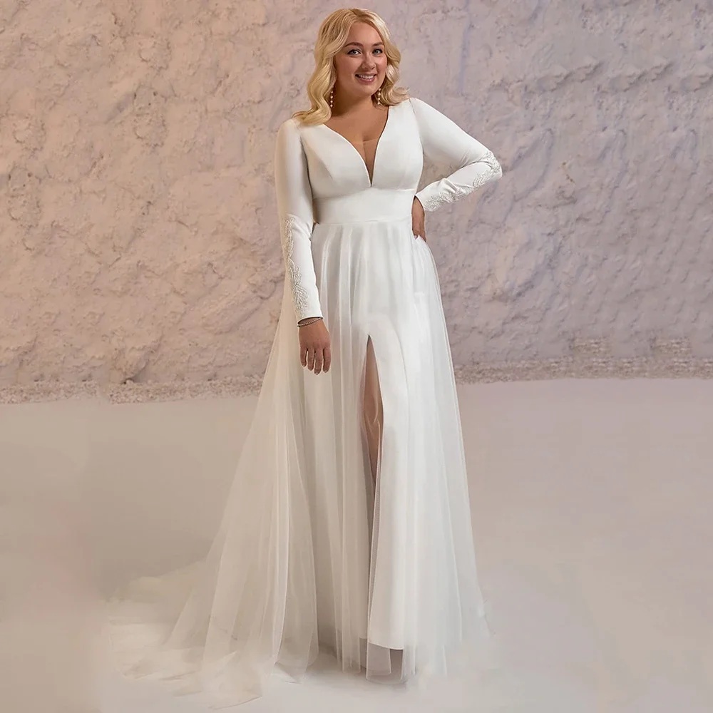 Plus Size V Neck Long Sleeve Wedding Dress Lace Cuffs Fitted Bodice Flowing Tulle A Line Skirt with High Front Split Train