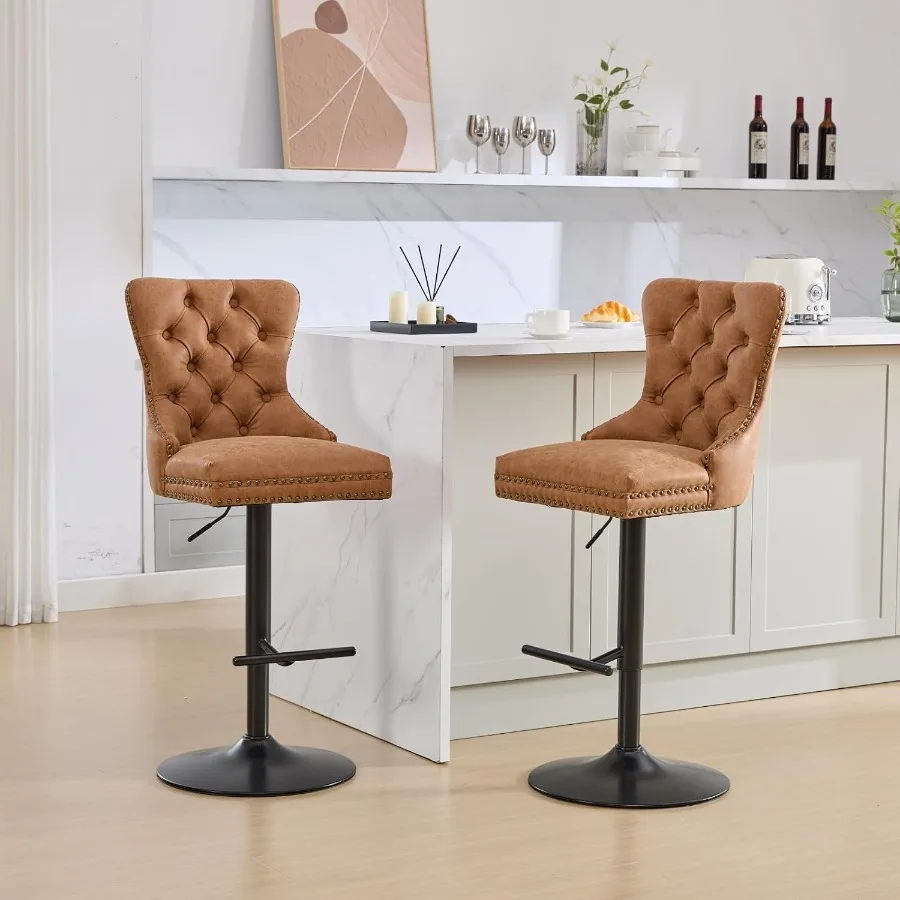 Home pub and kitchen island bar stools: aged retro PU, orange, adjustable height 26-33 inch, tufted back, swivel, set of 2