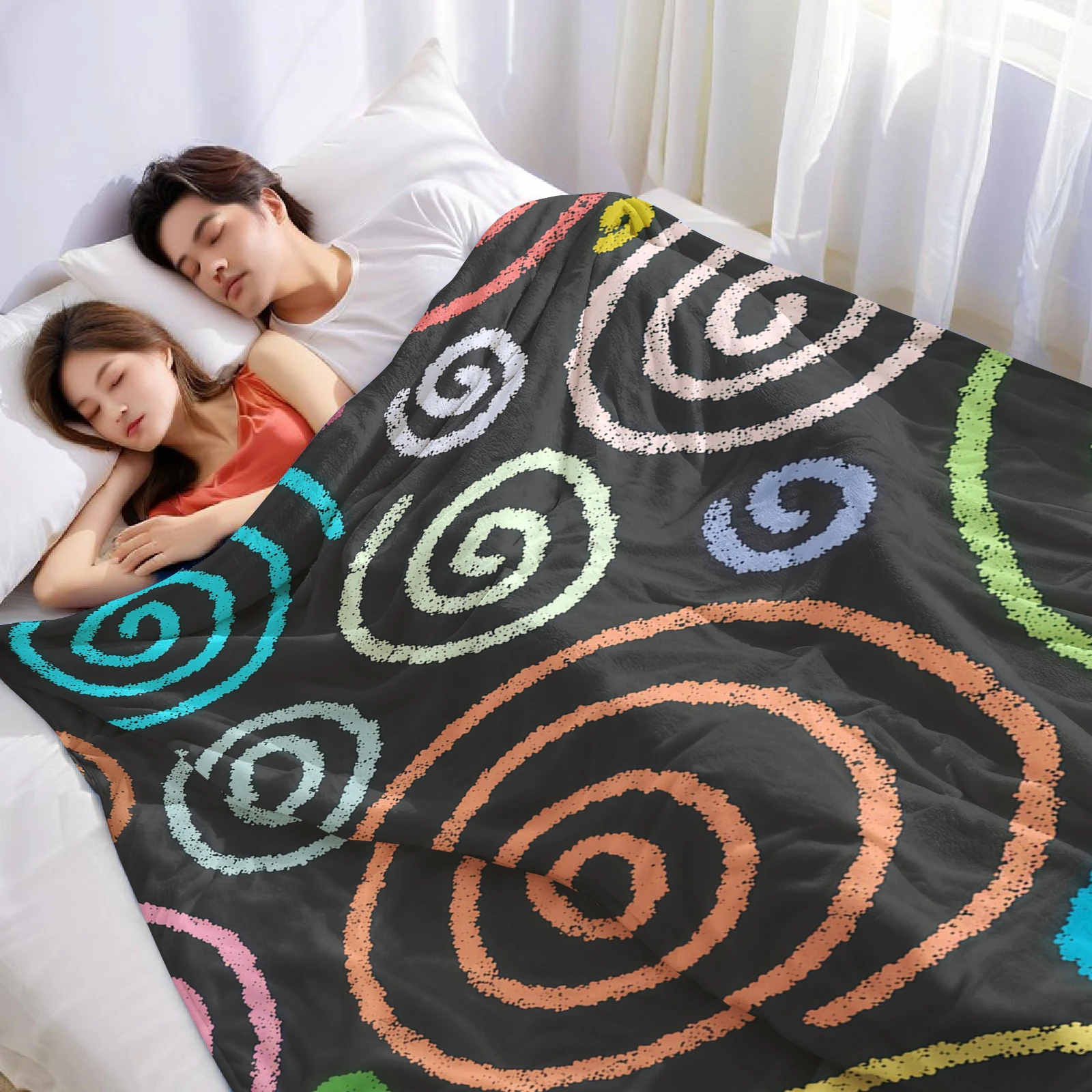 Colorful Spiral On Black Lightweight Microfiber Flannel Blanket Soft Warm Cozy Throw All Season for Bed Sofa Office Travel Gift
