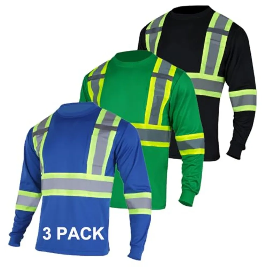

FONIRRA High Visibility Shirts for Men 3 Pack Reflective ANSI Class Hi Vis Safety Construction Work T Shirt Long Sleeves