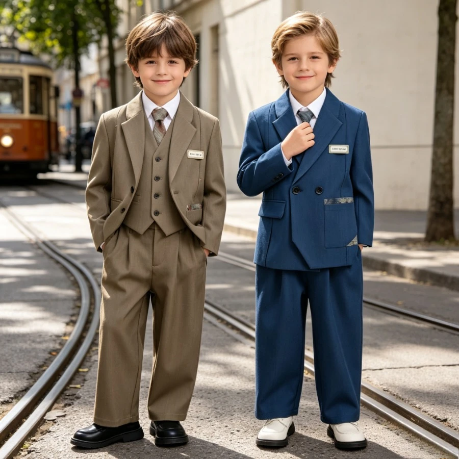 Vintage Khaki Kids Formal Suit Boys Double Breasted Asymmetric Blazer Loose Pants for School Stage Performance Page Boy Costume