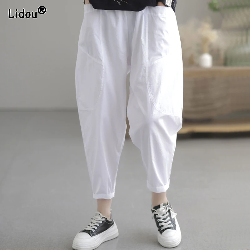 

2023 New Summer Fashion Retro Art Casual Loose Oversize Elastic Waist Pocket Solid Color Simple Versatile Women's Harlan Pants