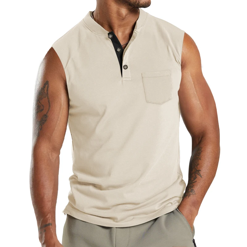 2024 Summer New Men\'s Leisure Foreign Trade Large Size Short Sleeve Button Pocket Sleeveless T-shirt