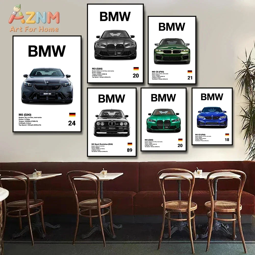 AZNM BMW Sport Car Canvas Wall Art Retro Luxury Vehicle Poster Unframed Canvas Print for Boys Room Garage Home Decor