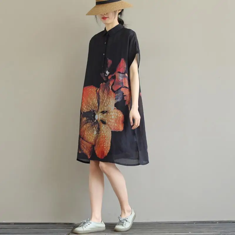 Vintage Fashion Summer Cotton Hemp Women\'s POLO Collar Printing Button Elegant Casual Loose Short Sleeve Mid-length Shirt Dress