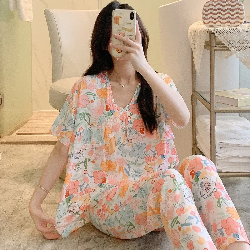 Short Sleeve Pants Floral Print Woman Satin Pajama Sets Ensembles 2 Piece Two-Piece Lady Outfit Lounge Women Pijama Pajama Pj