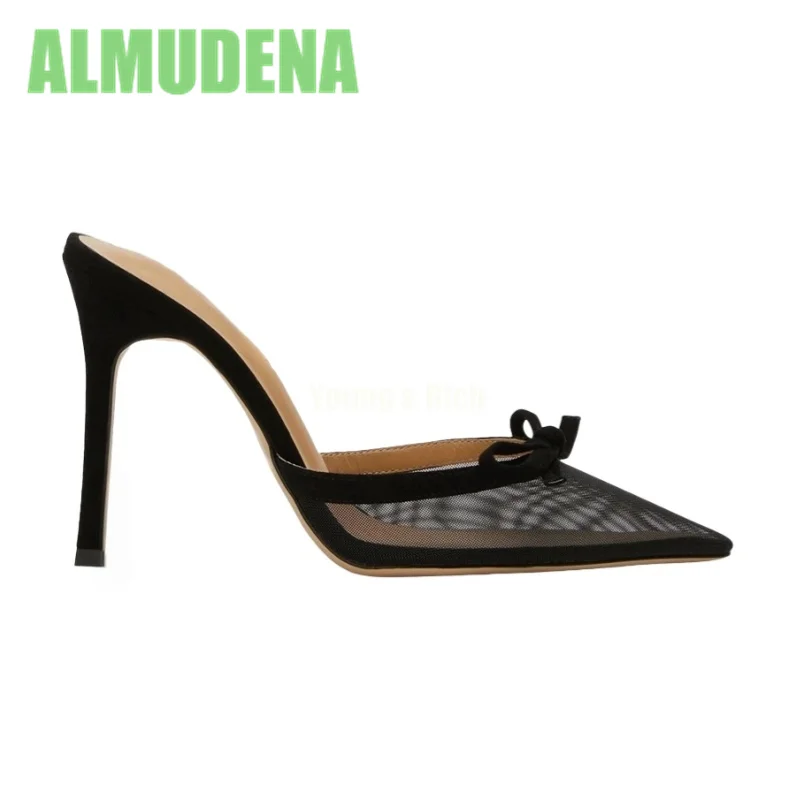 

Black Mesh Sandals Fashionable Bow Decoration Simple Atmosphere High-Quality Slim High Heels Sandalias Zapatos De Mujer