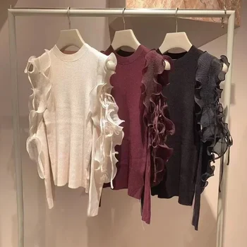 Kuzuwata dulce Hada con volantes con cordones y hombros descubiertos Pull Femme suéteres de punto ajustados de retales 205 Japón nuevos jerseys de otoño Winer