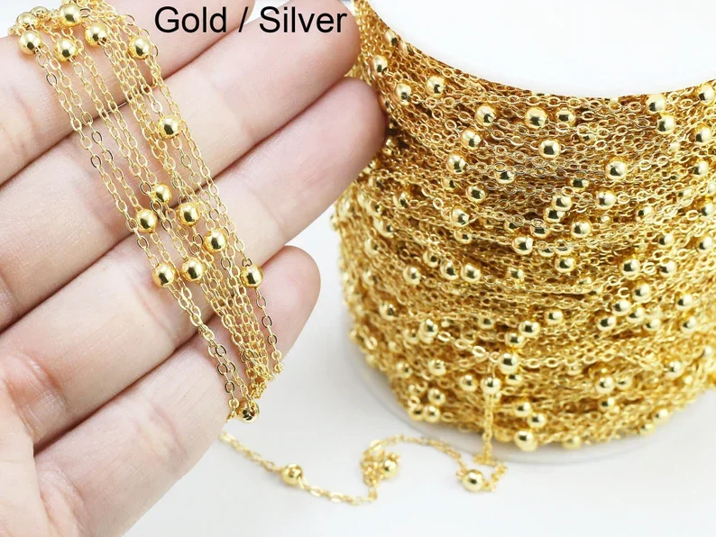 

Round Beads Satellite Chain, Gold Ball Curb Chains, 3m, 3.5mm, Brass Chain, 18K Gold Tone, Bracelet Chain, Jewelry Making CG04