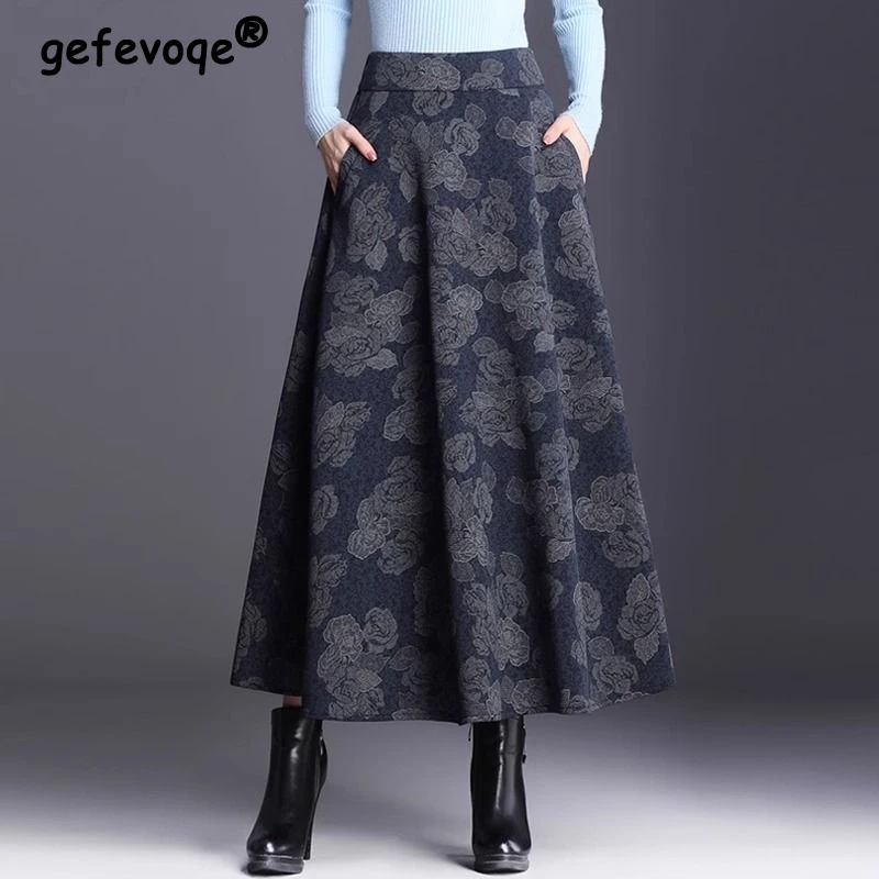 

Women Autumn Winter Fashion Print Elegant Midi Skirt Casual Vintage High Waist Pockets Loose A-Line Skirts Faldas Para Mujeres