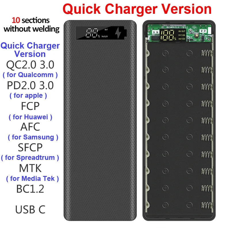 PD QC3.0 Quick Charge Welding Free 10*18650 Battery Storage Box DIY Shell Case 18650 Battery Holder Box Dual USB Power Bank Case