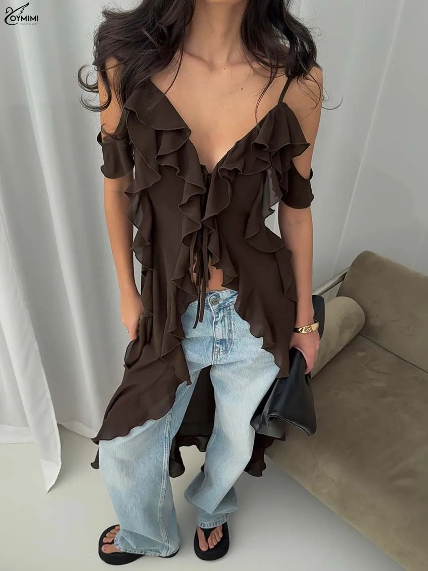 Oymimi Elegant Pink Translucent Dresses 2025 Woman Fashion Spaghetti Strap V-Neck Ruffled Dresses Autumn Lace-Up Loose Dress