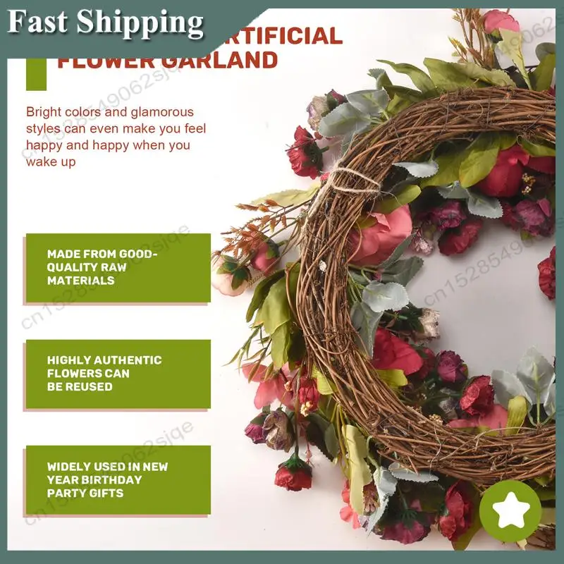 -ABKM Decorative Door Wreath,Silk Flower Peony Head Flower Wreath 40Cm Handmade Garland For Autumn Winter Outdoor Display Red