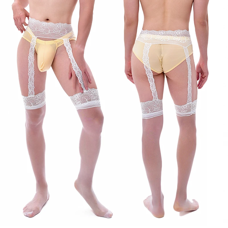 Medias de liga de encaje Sexy para hombres y mujeres, medias transparentes ultrafinas con entrepierna abierta, calcetines exóticos Sissy Gay